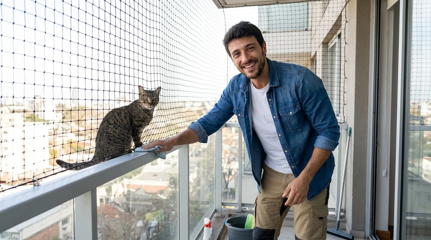 Limpieza de balcones con redes de protección para mascotas