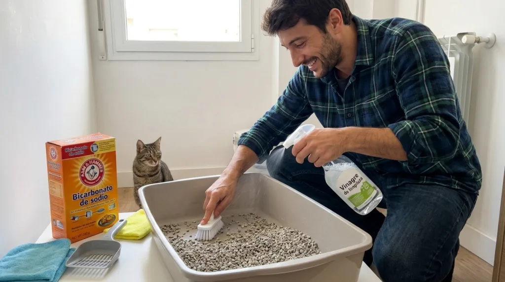 Limpieza profunda de la zona de piedras del gato (sin químicos fuertes).