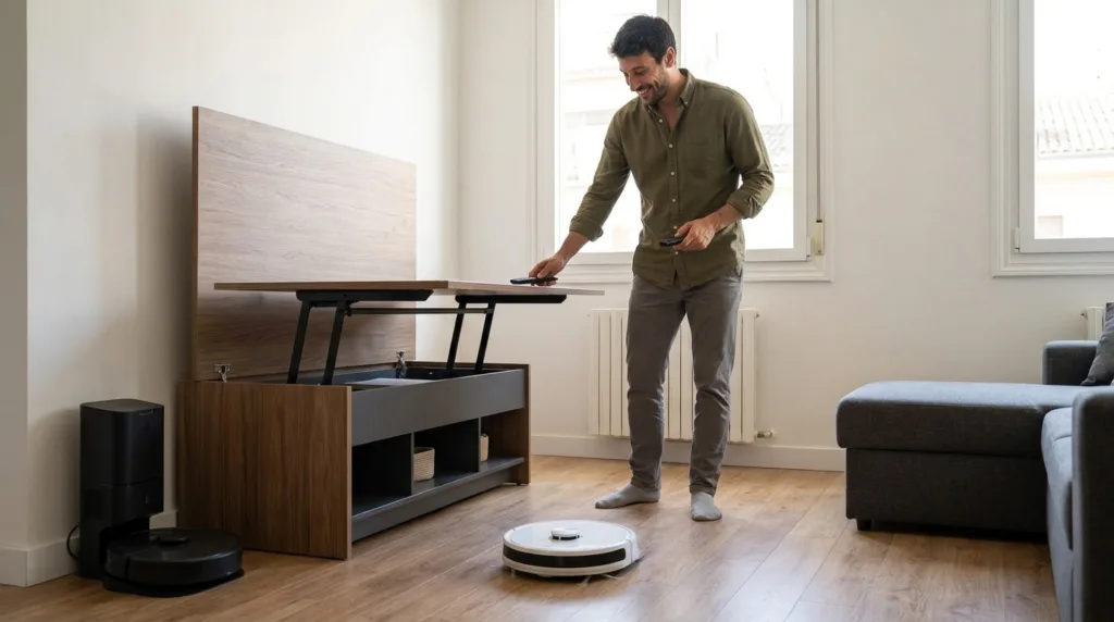 Muebles multifuncionales que facilitan la limpieza del piso.