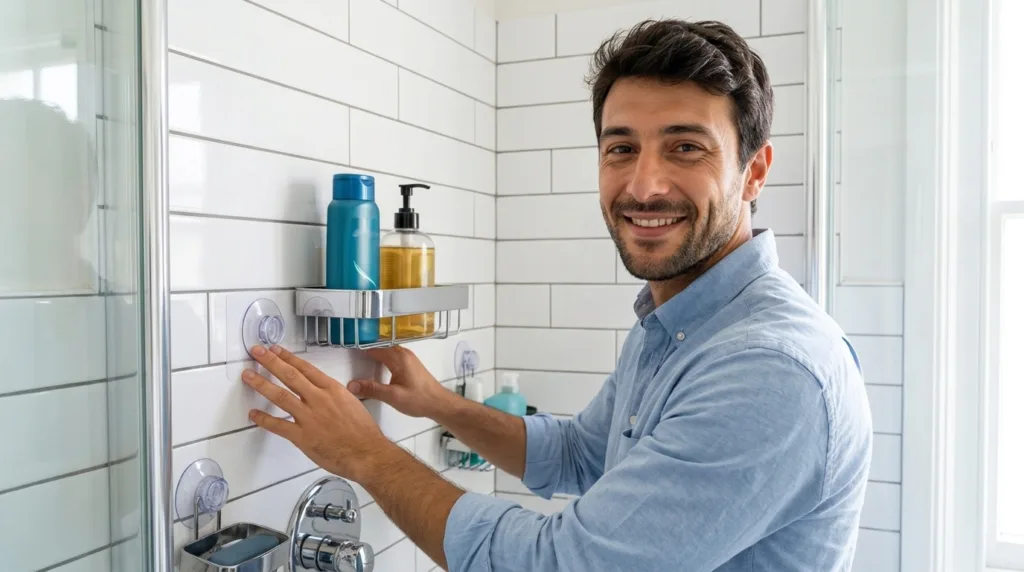 Organizadores de ducha que no requieren agujerear azulejos.