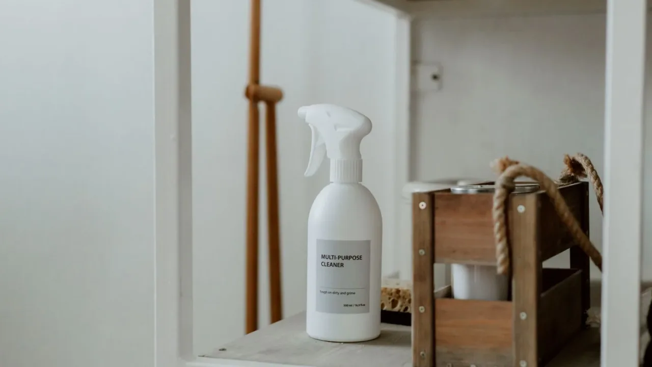 Botella de spray con vinagre blanco sobre un piso de madera, representando las soluciones caseras que funcionan y no dañan.