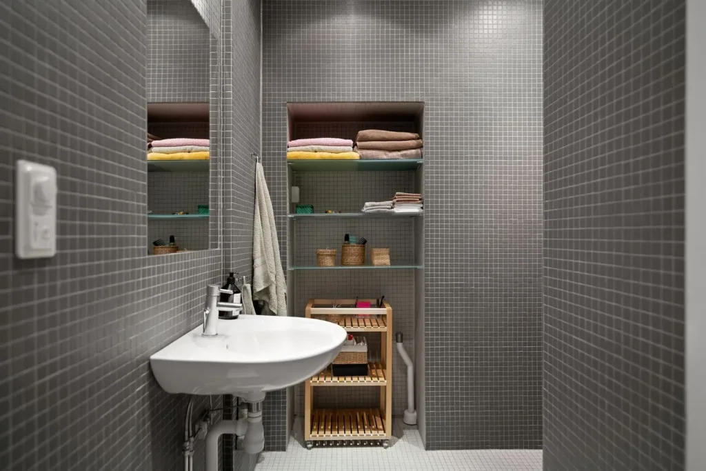 Estantes organizados con productos de limpieza en un baño pequeño, mostrando soluciones para ahorrar espacio.