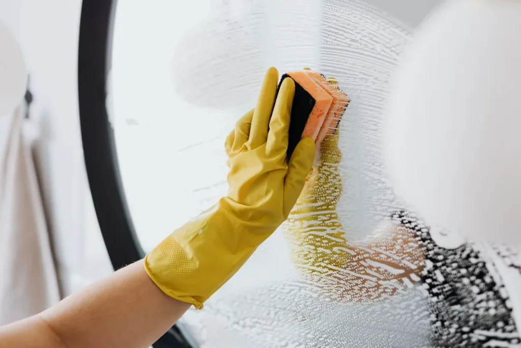 Mano limpiando el vaho de un espejo de baño empañado después de una ducha caliente.