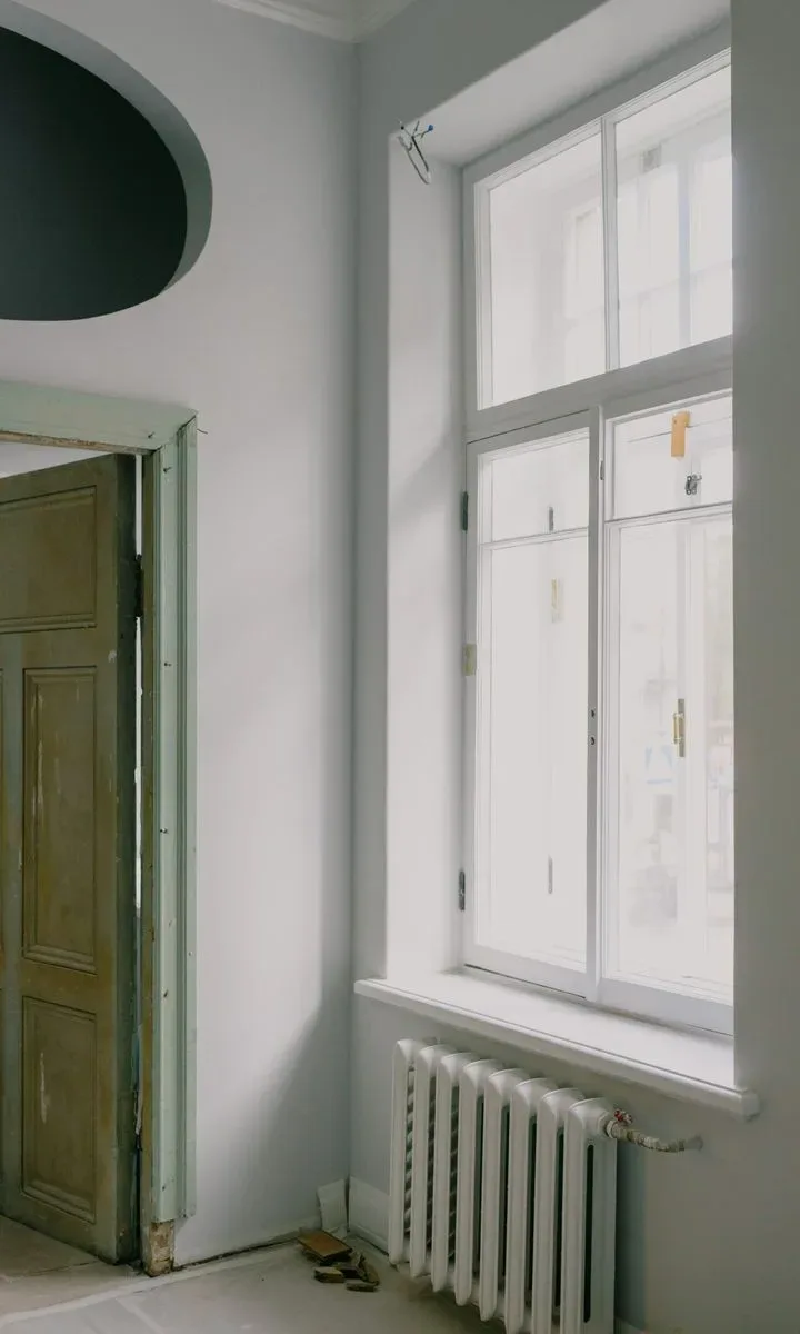Ventana abierta de par en par en una habitación recién reformada, con cortinas moviéndose con la brisa para ventilar el espacio.