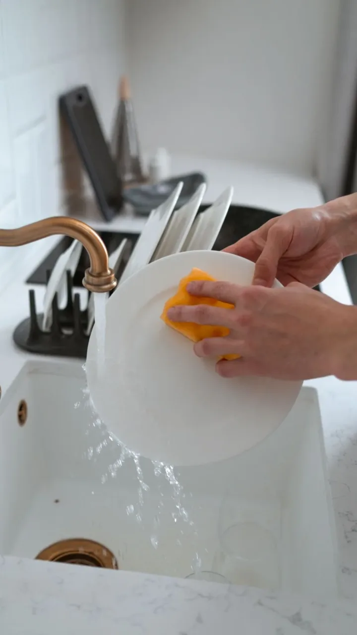 Cómo hacer una limpieza rápida antes de salir de casa: 10 pasos para un hogar impecable en minutos Encimera de cocina limpia con una esponja y jabón, ilustrando el paso 5 de ordenar la cocina en 2 minutos.